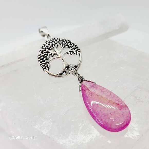 Peach Dragon Veins Agate Teardrop Tree Of Life Handmade Pendant 2.72" - Picture 8 of 8